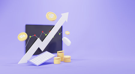3d render of golden coins stack with growing bar graph with Computer, Keyboard, and mouse in saving money for goal Concept. Online study education. Work from Home station and workspace.の写真素材
