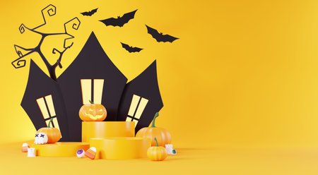 3d Render, Happy Halloween Day background with Podium stand product and night scene and cute spooky design. Halloween pumpkins, skull, ghost and spider decorations on dark orange background.の写真素材