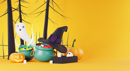 3d Render, Happy Halloween Day background with night scene and cute spooky design. Halloween pumpkins, skull, ghost and spider decorations on dark purple background. Trick or Treat party celebrate.の写真素材