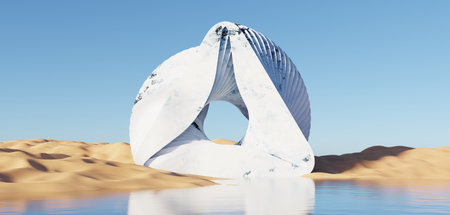 Abstract Dune cliff sand with metallic Arches and clean blue cloud sky. Surreal minimal Desert natural landscape background. Scene of Desert with glossy metallic arches geometric design. 3D Render.の写真素材