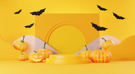 3d Render, Happy Halloween Day background with Podium stand product and night scene and cute spooky design. Halloween pumpkins, skull, ghost and spider decorations on dark orange background.の写真素材
