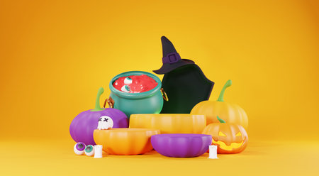 3d Render, Happy Halloween Day background with Podium stand product and night scene and cute spooky design. Halloween pumpkins, skull, ghost and spider decorations on dark orange background.の写真素材