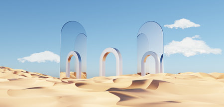 Abstract Dune cliff sand with metallic Arches and clean blue cloud sky. Surreal minimal Desert natural landscape background. Scene of Desert with glossy metallic arches geometric design. 3D Render.の写真素材