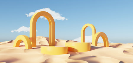 Abstract Dune cliff sand with metallic Arches and clean blue cloud sky. Surreal minimal Desert natural landscape background. Scene of Desert with glossy metallic arches geometric design. 3D Render.の写真素材