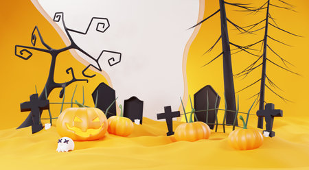 3d Render, Happy Halloween Day background with night scene and cute spooky design. Halloween pumpkins, skull, ghost and spider decorations on dark purple background. Trick or Treat party celebrate.の写真素材