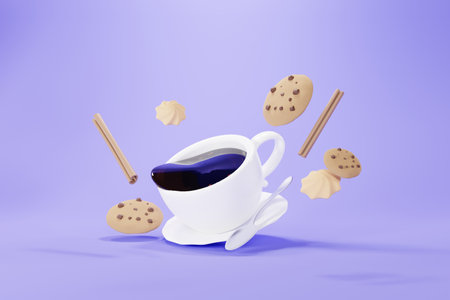 3d render Cup of Coffee with cookies and snacks floating splash around on pastel purple background.  Minimal Food and Drinks creativity.の写真素材