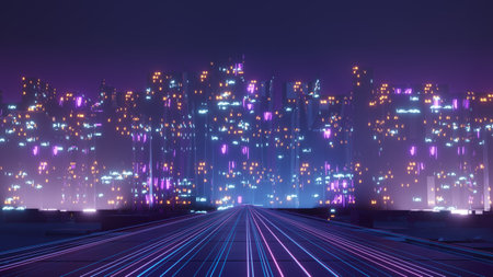 3d render of Cyber punk night city landscape concept. Light glowing on dark scene.  Night life. Technology network for 5g. Beyond generation and futuristic of Sci-Fi Capital city and building scene.の写真素材