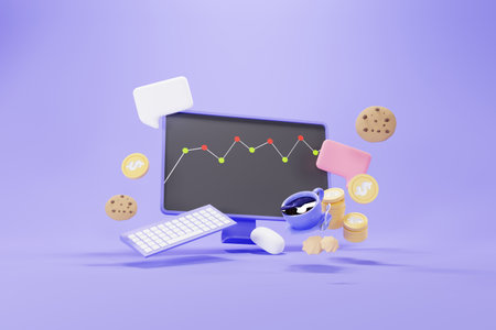 3d render of Computer Monitor screen with keyboard, coffee and cookies floating around on purple pastel background. Minimal icon concept.の写真素材