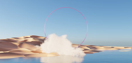 Abstract Dune cliff sand with metallic Arches and clean blue cloud sky. Surreal minimal Desert natural landscape background. Scene of Desert with glossy metallic arches geometric design. 3D Render.の写真素材