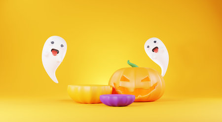 3d Render, Happy Halloween Day background with Podium stand product and night scene and cute spooky design. Halloween pumpkins, skull, ghost and spider decorations on dark orange background.の写真素材