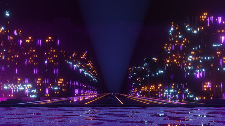 3d render of Cyber punk night city landscape concept. Light glowing on dark scene.  Night life. Technology network for 5g. Beyond generation and futuristic of Sci-Fi Capital city and building scene.の写真素材
