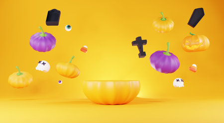 3d Render, Happy Halloween Day background with Podium stand product and night scene and cute spooky design. Halloween pumpkins, skull, ghost and spider decorations on dark orange background.の写真素材