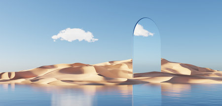 Abstract Dune cliff sand with metallic Arches and clean blue cloud sky. Surreal minimal Desert natural landscape background. Scene of Desert with glossy metallic arches geometric design. 3D Render.の写真素材