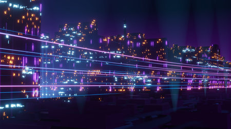 3d render of Cyber punk night city landscape concept. Light glowing on dark scene.  Night life. Technology network for 5g. Beyond generation and futuristic of Sci-Fi Capital city and building scene.の写真素材