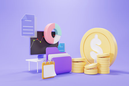 3d render of Computer Monitor screen with graph, coins, document and book note on purple pastel...