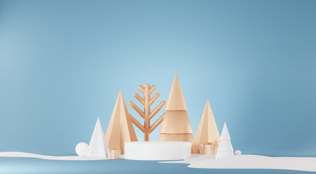 3d Render Merry Christmas Podium platforms scene decorate with christmas tree, gifts, ball and snowflakes in winter season theme. Abstract minimal pedestal product display Festivel Xmas.の写真素材