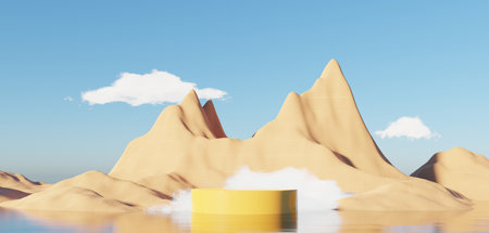 Abstract Dune cliff sand with metallic Podium stand platform. Surreal Desert natural landscape background. Scene of Desert with glossy metallic arches geometric design. 3D Render.の写真素材