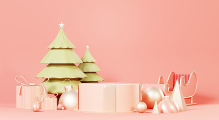 3d Render Merry Christmas Podium platforms scene decorate with christmas tree, gifts, ball and snowflakes in winter season theme. Abstract minimal pedestal product display Festivel Xmas.の写真素材