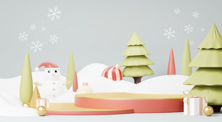 3d Render Merry Christmas Podium platforms scene decorate with christmas tree, gifts, ball and snowflakes in winter season theme. Abstract minimal pedestal product display Festivel Xmas.の写真素材