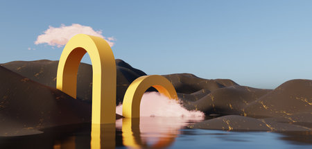 Abstract Dune cliff sand with metallic Arches and clean blue cloud sky. Surreal minimal Desert natural landscape background. Scene of Desert with glossy metallic arches geometric design. 3D Render.の写真素材