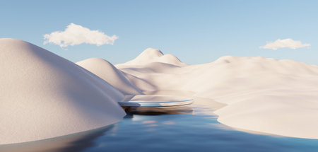 Abstract Dune cliff sand with metallic Podium stand platform. Surreal Desert natural landscape background. Scene of Desert with glossy metallic arches geometric design. 3D Render.の写真素材