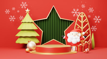 3d Render Merry Christmas Podium platforms scene decorate with christmas tree, gifts, ball and snowflakes in winter season theme. Abstract minimal pedestal product display Festivel Xmas.の写真素材