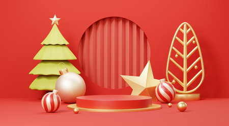 3d Render Merry Christmas Podium platforms scene decorate with christmas tree, gifts, ball and snowflakes in winter season theme. Abstract minimal pedestal product display Festivel Xmas.の写真素材