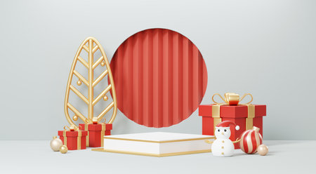 3d Render Merry Christmas Podium platforms scene decorate with christmas tree, gifts, ball and snowflakes in winter season theme. Abstract minimal pedestal product display Festivel Xmas.の写真素材