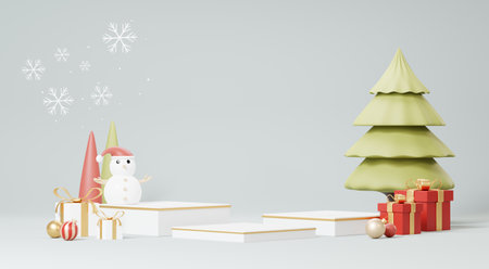3d Render Merry Christmas Podium platforms scene decorate with christmas tree, gifts, ball and snowflakes in winter season theme. Abstract minimal pedestal product display Festivel Xmas.の写真素材