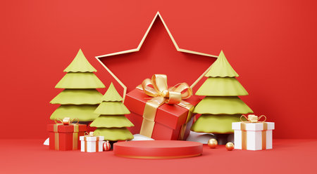 3d Render Merry Christmas Podium platforms scene decorate with christmas tree, gifts, ball and snowflakes in winter season theme. Abstract minimal pedestal product display Festivel Xmas.の写真素材