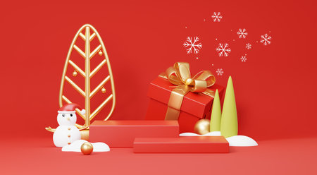 3d Render Merry Christmas Podium platforms scene decorate with christmas tree, gifts, ball and snowflakes in winter season theme. Abstract minimal pedestal product display Festivel Xmas.の写真素材
