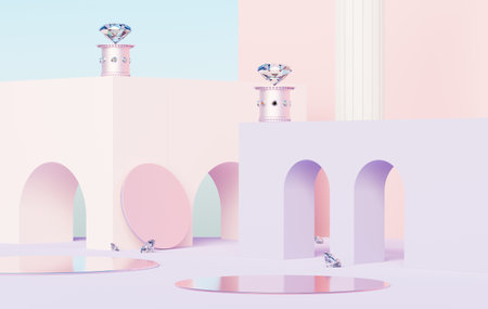 3d render abstract display podium platform for  product presentation and advertising. Minimal scene backdrop with clean design. Vacant pedestal for mock up. Empty stage with pastel color for cosmetic.の写真素材