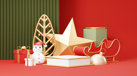 3d Render Merry Christmas Podium platforms scene decorate with christmas tree, gifts, ball and snowflakes in winter season theme. Abstract minimal pedestal product display Festivel Xmas.の写真素材