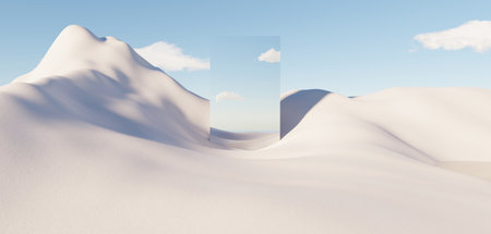 Abstract Dune cliff sand with metallic Arches and clean blue cloud sky. Surreal minimal Desert natural landscape background. Scene of Desert with glossy metallic arches geometric design. 3D Render.の写真素材