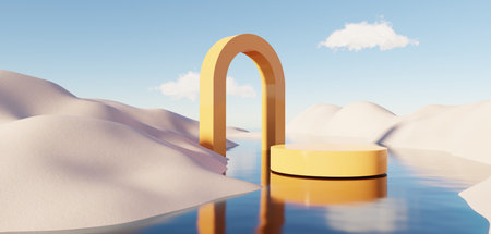 Abstract Dune cliff sand with metallic Podium stand platform. Surreal Desert natural landscape background. Scene of Desert with glossy metallic arches geometric design. 3D Render.の写真素材