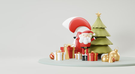 3d Render Merry Christmas Podium platforms scene decorate with christmas tree, gifts, ball and snowflakes in winter season theme. Abstract minimal pedestal product display Festivel Xmas.の写真素材