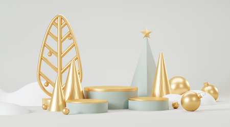 3d Render Merry Christmas Podium platforms scene decorate with christmas tree, gifts, ball and snowflakes in winter season theme. Abstract minimal pedestal product display Festivel Xmas.の写真素材