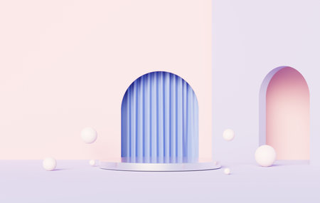 3d render abstract display podium platform for  product presentation and advertising. Minimal scene backdrop with clean design. Vacant pedestal for mock up. Empty stage with pastel color for cosmetic.の写真素材