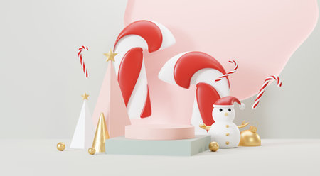 3d Render Merry Christmas Podium platforms scene decorate with christmas tree, gifts, ball and snowflakes in winter season theme. Abstract minimal pedestal product display Festivel Xmas.の写真素材