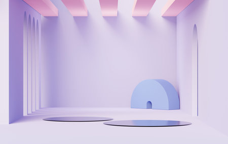 3d render abstract display podium platform for  product presentation and advertising. Minimal scene backdrop with clean design. Vacant pedestal for mock up. Empty stage with pastel color for cosmetic.の写真素材