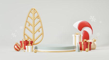 3d Render Merry Christmas Podium platforms scene decorate with christmas tree, gifts, ball and snowflakes in winter season theme. Abstract minimal pedestal product display Festivel Xmas.の写真素材