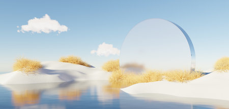 Abstract Dune in winter season landscape with geometric arch. Surreal Beautiful Dream land background. Relax and Clam island scene with water and natural clear sky. Metallic mirror arch. 3d render.の写真素材