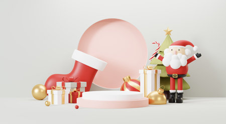 3d Abstract podium stage platform with minimal Christmas and New year event background. Merry Christmas scene for product display or mock up banner. Empty stand pedestal decor in Xmas winter scene.の写真素材