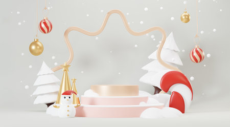3d Abstract podium stage platform with minimal Christmas and New year event background. Merry Christmas scene for product display or mock up banner. Empty stand pedestal decor in Xmas winter scene.の写真素材