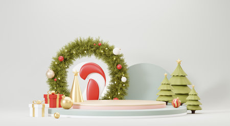3d Abstract podium stage platform with minimal Christmas and New year event background. Merry Christmas scene for product display or mock up banner. Empty stand pedestal decor in Xmas winter scene.の写真素材