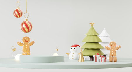 3d Abstract podium stage platform with minimal Christmas and New year event background. Merry Christmas scene for product display or mock up banner. Empty stand pedestal decor in Xmas winter scene.の写真素材