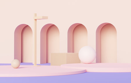 3d render abstract display podium platform for product presentation and advertising. Minimal scene backdrop with clean design. Vacant pedestal for mock up. Empty stage with pastel color for cosmetic.の写真素材