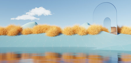 Surreal Beautiful Dream land background. Abstract Dune in winter season landscape with geometric...