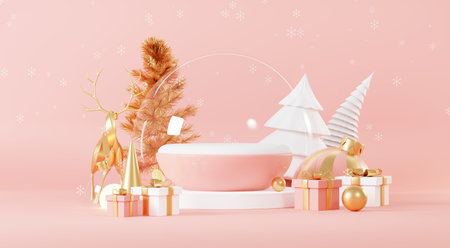 Christmas backgrounds with podium stage platform in minimal New year event theme. Merry Christmas scene for product display mock up banner. Empty stand pedestal decor in Xmas winter scene. 3D render.の写真素材