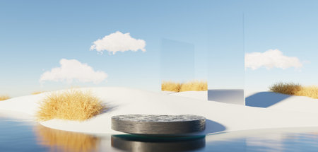 Surreal Beautiful Dream land background with podium stage platform. Abstract Dune in winter season landscape with geometric arch. Fantasy island scenery with water and natural cloudy sky. 3d render.の写真素材